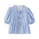 thumbnail image 3 of HH TRAF Blusa de verano con manga corta abullonada y lazo para mujer, elegante, con cuello redondo y volantes, color liso, 3 of 5