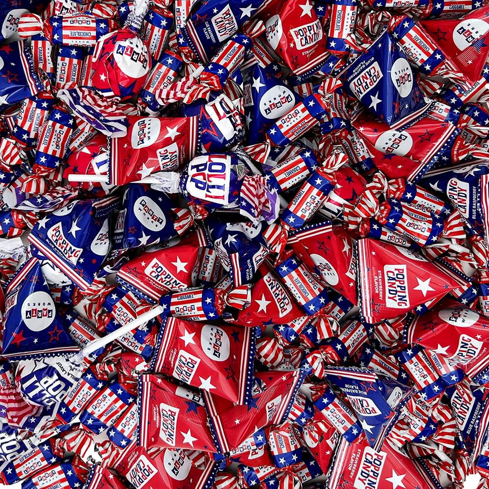 PartyWorks Patriotic Candy Assortment, Independence Day, July 4th - Chocolate Caramels, Lollipops, Popping Rocks Pouches - 3-Pound Pack
