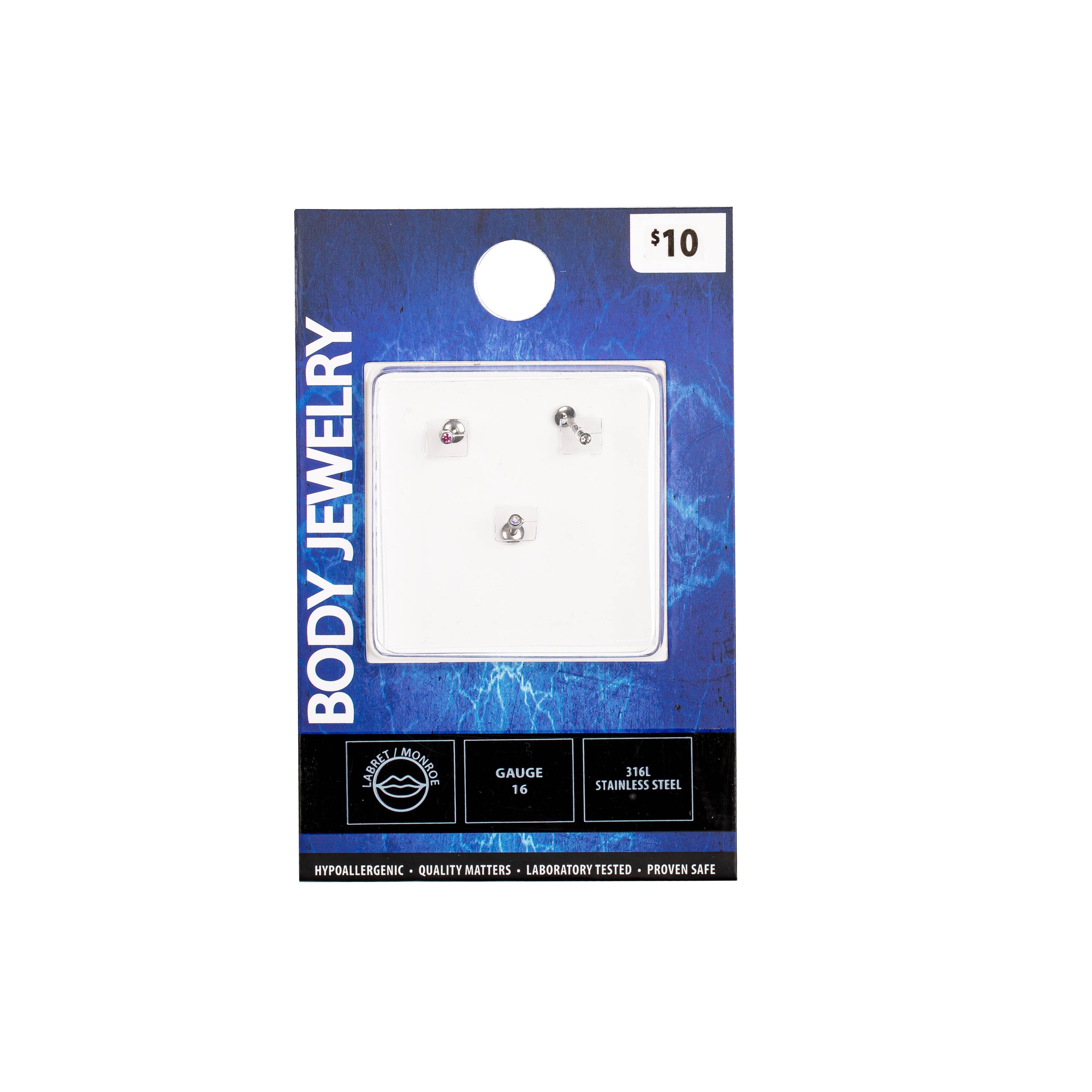 Body Jewelry 16G Assorted Cyrstal Labret & Monroe, 3 Pack