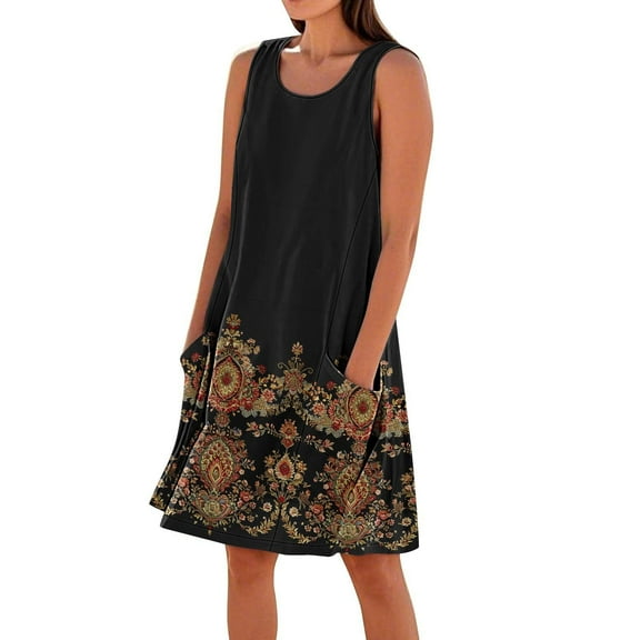 Women's Linen Mini Dress with Pockets, Floral Print O-neck Sleeveless T-Shirts Dress, Bohemian Loose Tank Dresses