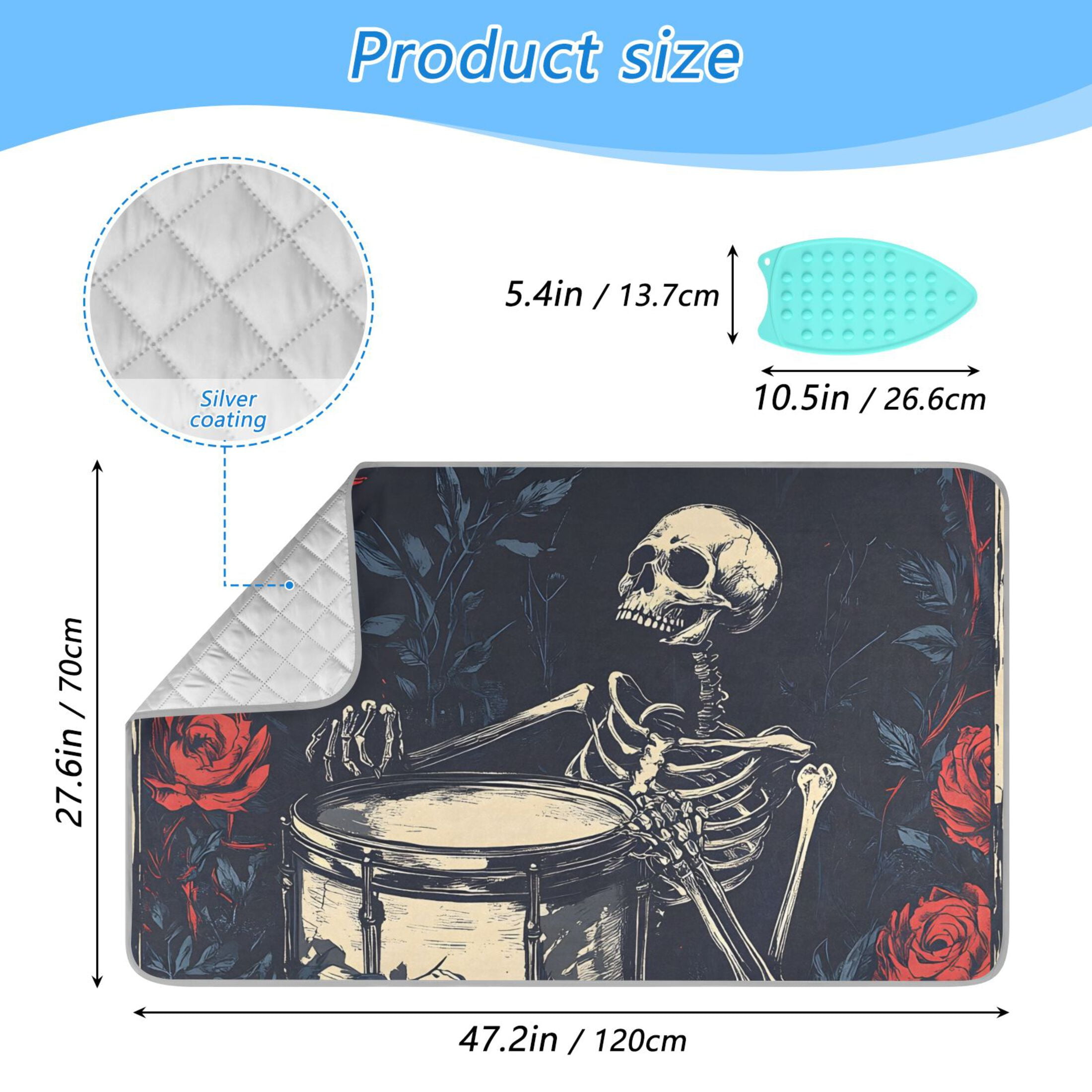 Drumming Skeleton and Rose Ironing Mat Blanket for Table Top Travel Portable Ironing Board Pad 47.2x27.6 Inch