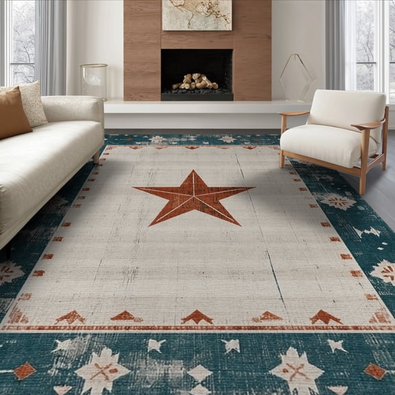 ODIKA 8'x10' Washable Area Rug Non-Slip Chair-Friendly Mat Teal Farmhouse Stars Distressed Plank Motif Terracotta Round for Dining Room, Large Office, Lounge