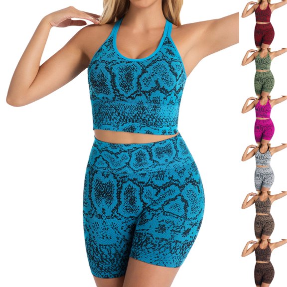 Helii Women's Snake Print 2 Piece Yoga Set Racerback Crop Tank Top With Built In Bra and High Waist Tummy Control Biker Shorts Seamless Ribbed Workout Outfits for Gym Running Yoga