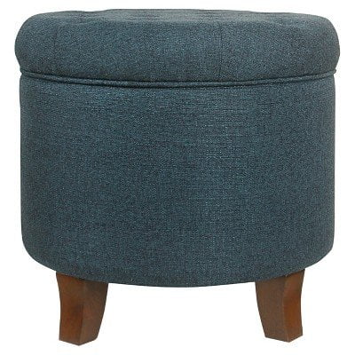 HomePop by Kinfine Fabric Upholstered Round Storage Ottoman - Velvet Button Tufted Ottoman with Removable Lid, Indigo
