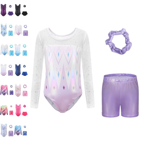 UJNDER Girl's Long Sleeve Dance Gymnastics Leotard with Rhinestone Glitter Print Pants and Headband Outfits for Girls,05_Purple,11-12 Years