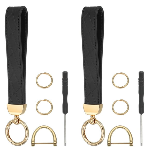Leather Wristlet Keychain Car Key Chain Wristlet for Women, 7" Key Fob Holder, Gold Tone/Black