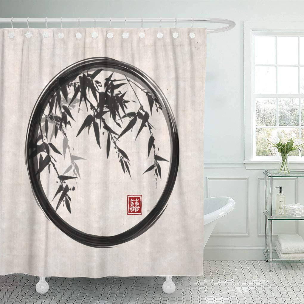 Libin Bamboo Trees in Black Enso Zen Circle Ink Traditional Shower Curtain 60x72 inch