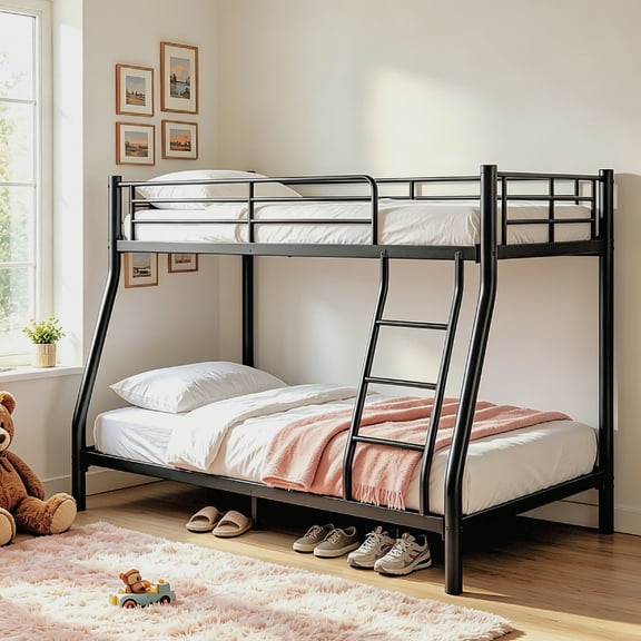 Twin over Full Low Profile Bunk Bed for All Ages, 500 lbs Capacity Metal Frame with Safety Rail and Ladder, No Box Spring, Fits Low Ceilings, Dorm Apartment, Black