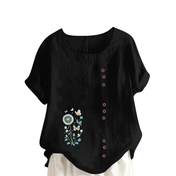 Vestidos Casuales Para Mujer, Blusas De Mujer De Moda Blusa tipo túnica informal de lino con estampado de peces del océano y botones de manga corta para mujer