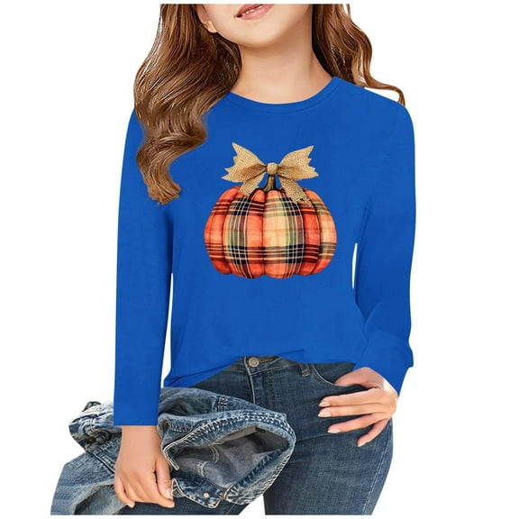 WMTBSRSW Girls Thanksgiving Shirt Cute Pumpkin and Bow Graphic Tee Casual Long Sleeve Crewneck Tops Holiday Blouse