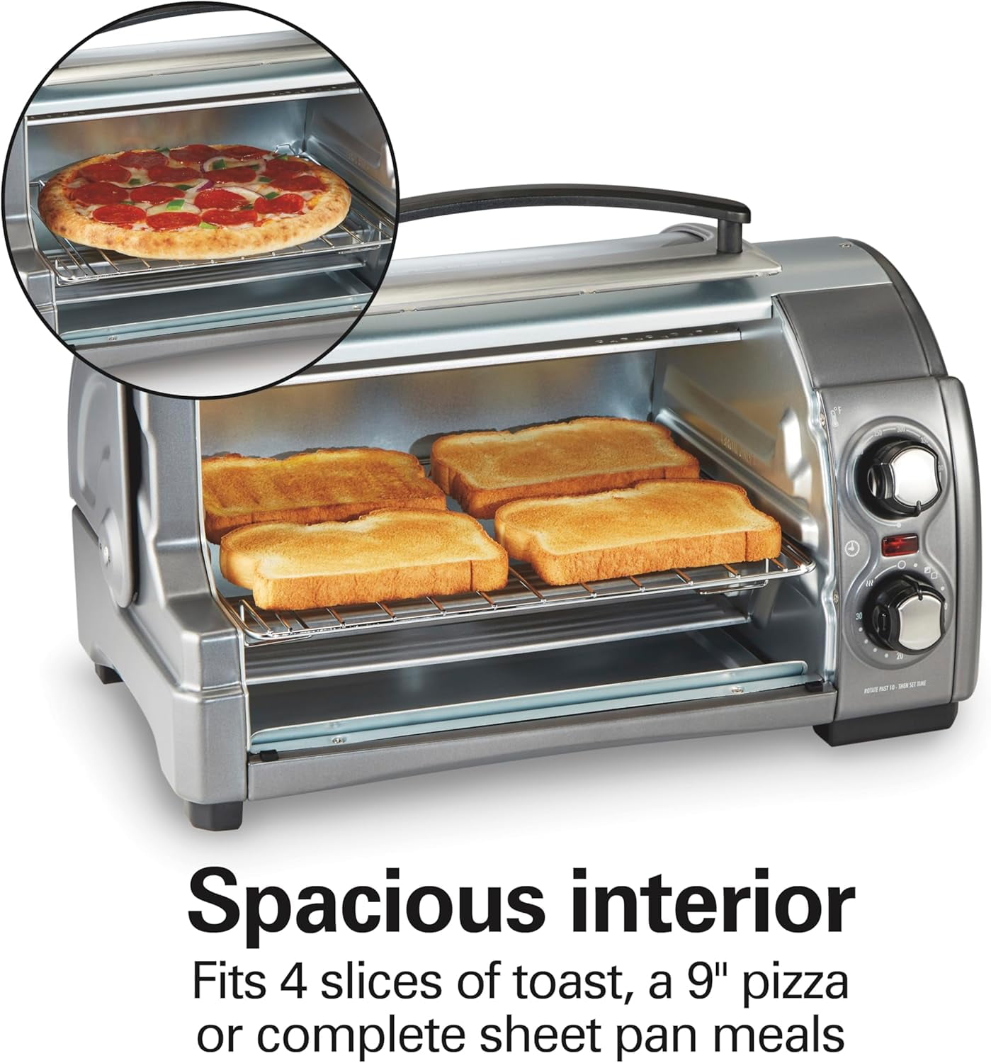 4- Toaster Oven with Roll-Top Door, 1200W, Fits 9" Pizza, Bake Broil Toast