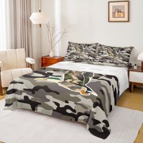Feelyou Rustic Camouflage Queen Sheet Sets, Hunting Wildlife Duck Flat Sheet, Teens Kids Boys Girls Queen Fitted Sheet, Ultra Soft Bedroom Decor, 4 Pieces