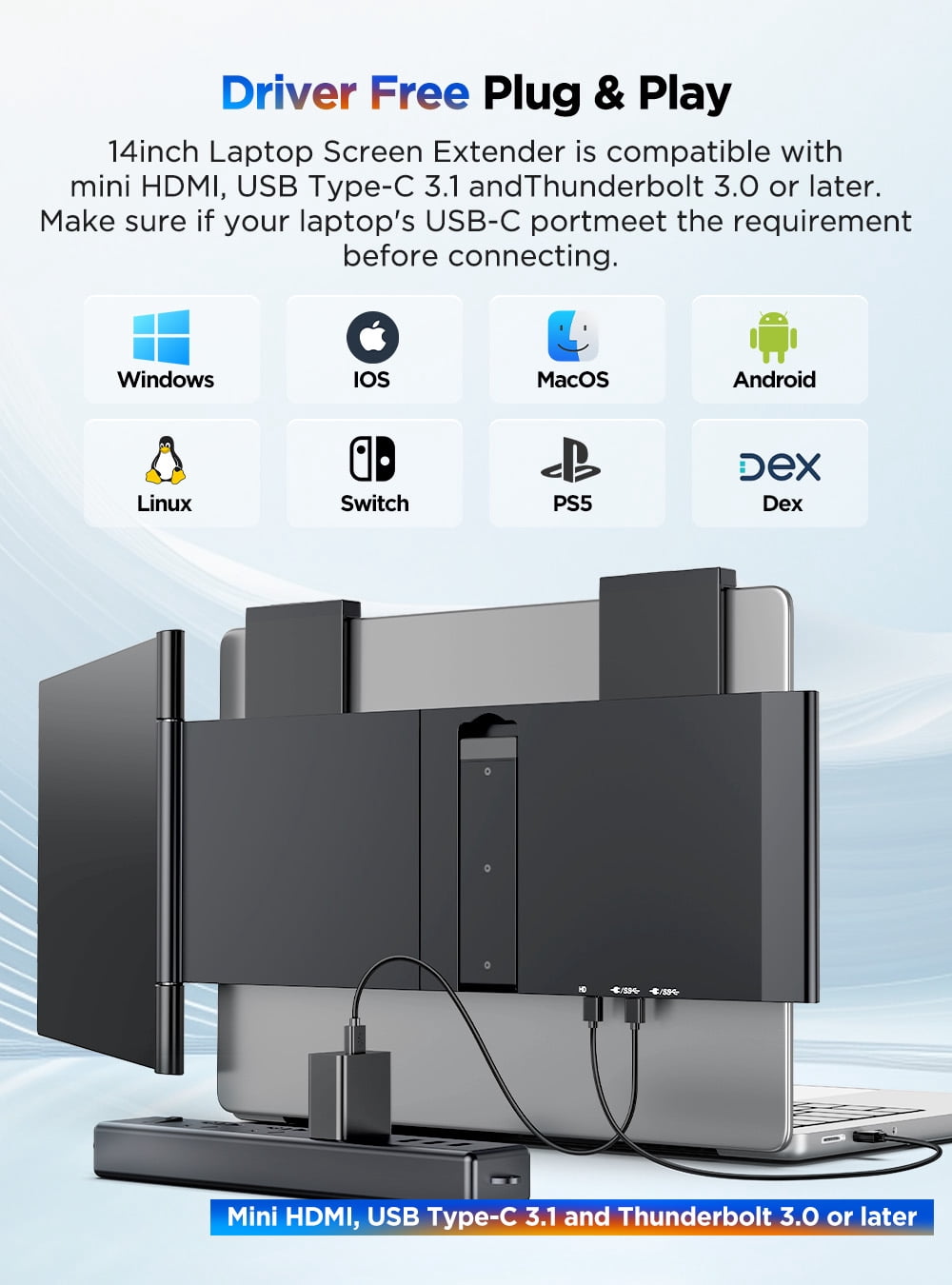 Laptop Screen Extender, 14" 1080P IPS Portable Monitor for 14"-16.5" Laptops
