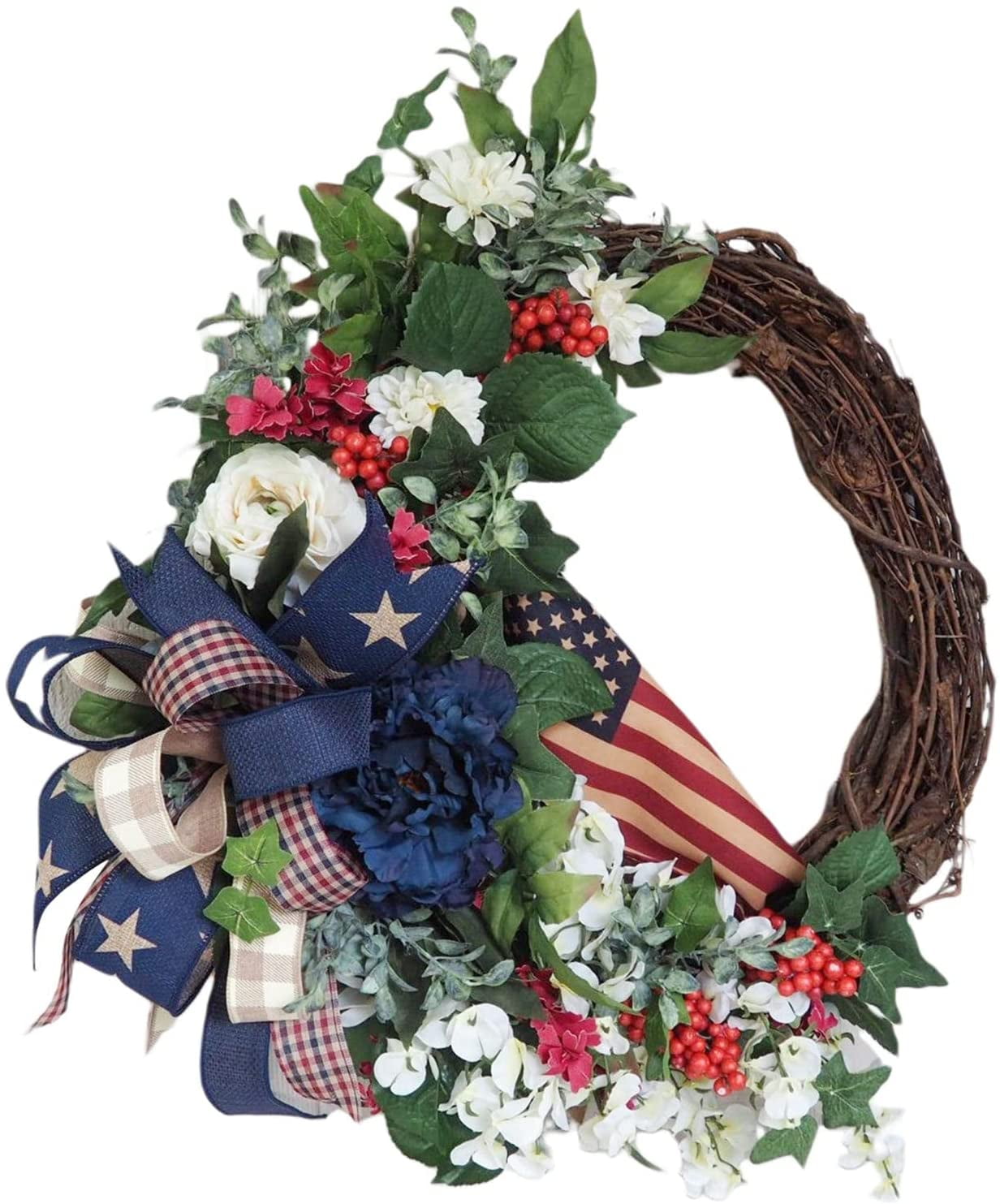 16" Diameter Lighted Patriotic Blossoms 4th of July Welcome Door Wreath 