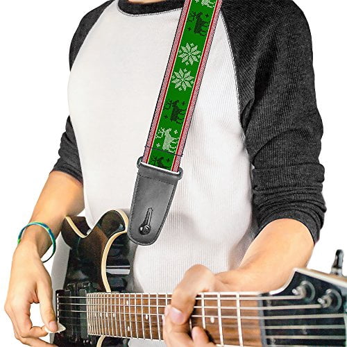 Buckle-Down Guitar Strap, Christmas Stitch Moose Snowflakes Red Green, 2 Inches Wide