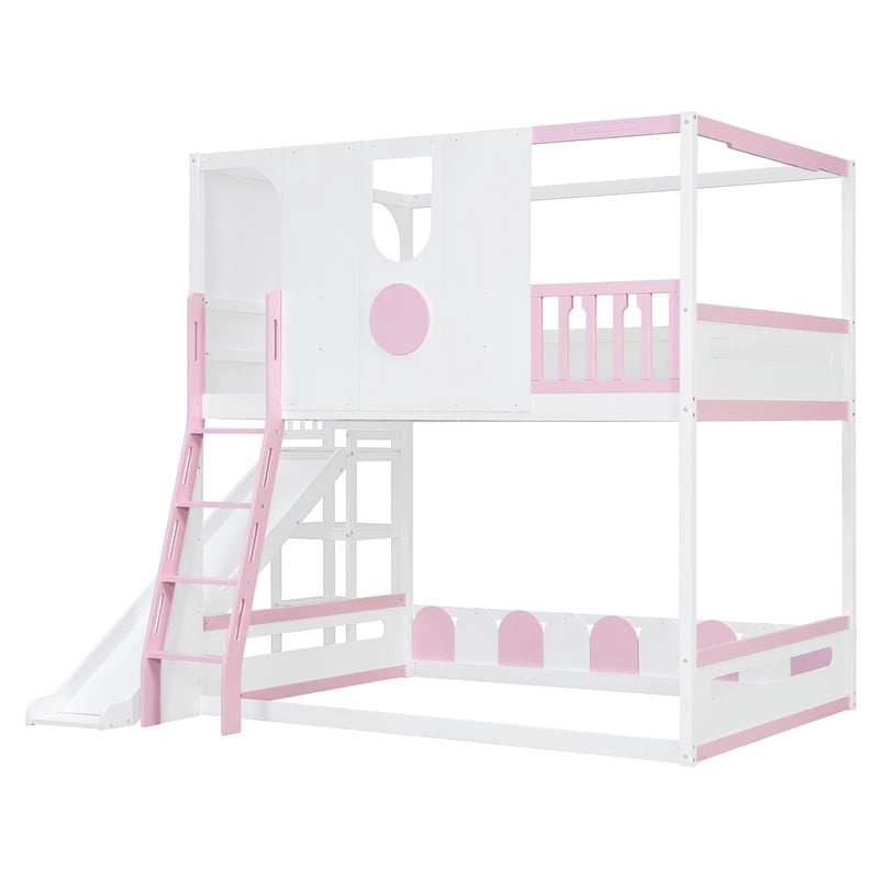 Full Size Versatile Kids Loft/Bunk Bed with Floor Bed, House Bed Frame with Slide, Storage Shelves and Guardrails