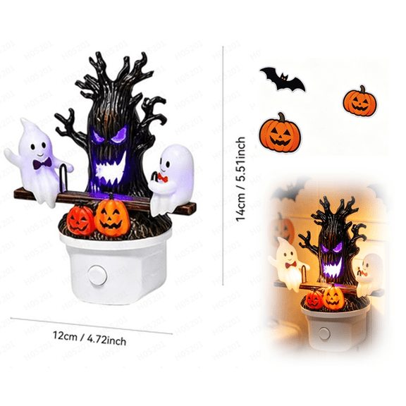 Lighted Ghost On Seesaw Night Light, Motion Activated Animated 3D Glowing Plug-in LED Lamp with Spooky Tree & Pumpkin, Cute Halloween Decor for Bedroom, Bathroom, Hallway