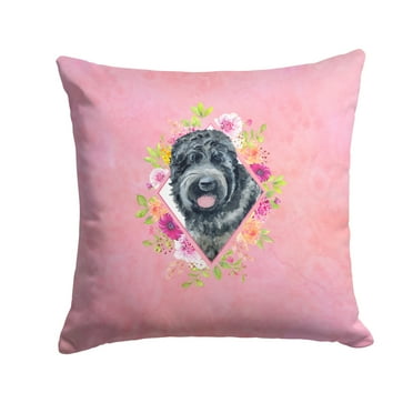 Russian Black Terrier Pink Flowers Fabric Decorative Pillow