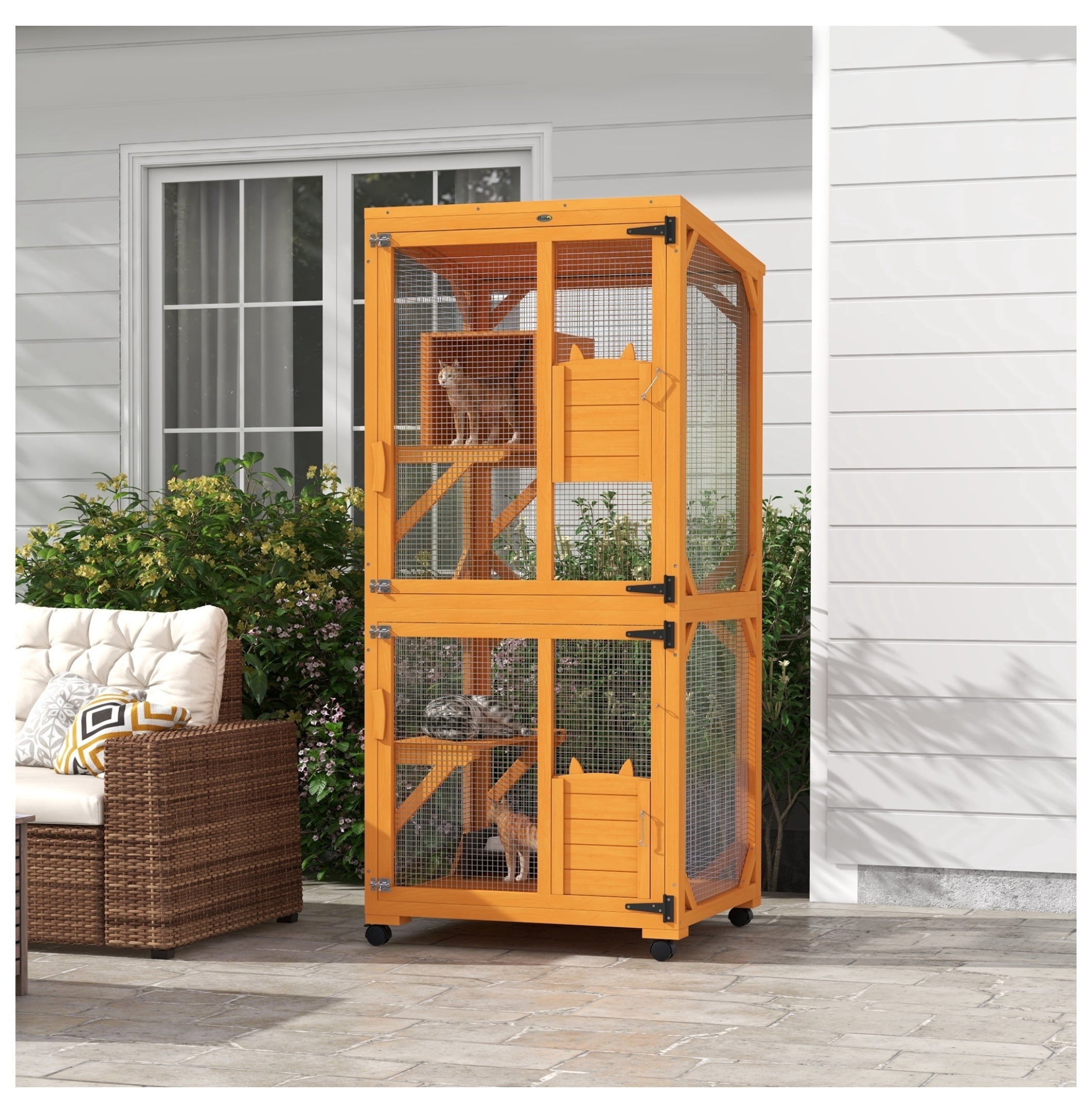 Cat House Outdoor Indoor, 71" Wooden Catio Enclosure, Large Cat Condo with Asphalt Roof & Wheels, for 1-3 Cats - Orange
