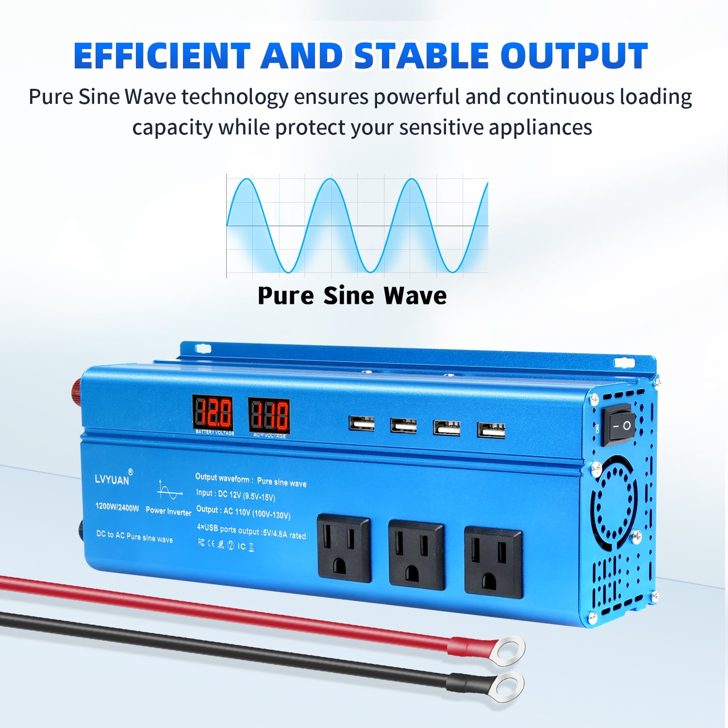 LVYUAN 1200W 2400W Peak Pure Sine Wave Power Inverter 12V to 110V DC to AC Converter with LED Display, 3 US Outlets, 4 USB, Ideal for Vehicles, RVs, Outdoor & Home Use