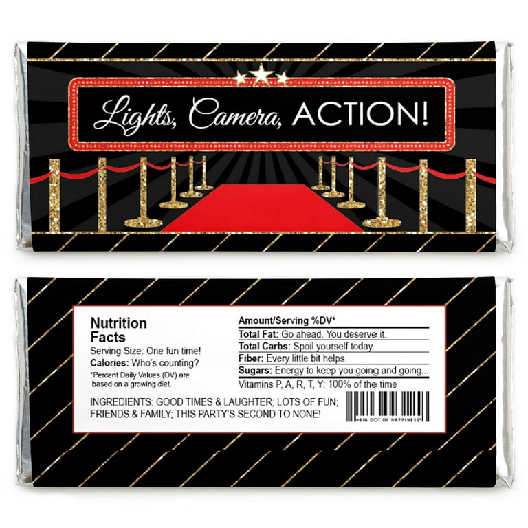 Big Dot of Happiness Red Carpet Hollywood - Candy Bar Wrapper Movie Night Party Favors - Set of 24
