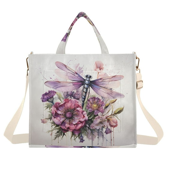 Dragonflies and Flowers Corduroy Tote Bag Handbag Large Messenger Bag Shoulder Crossbody Zipper Bag Purse