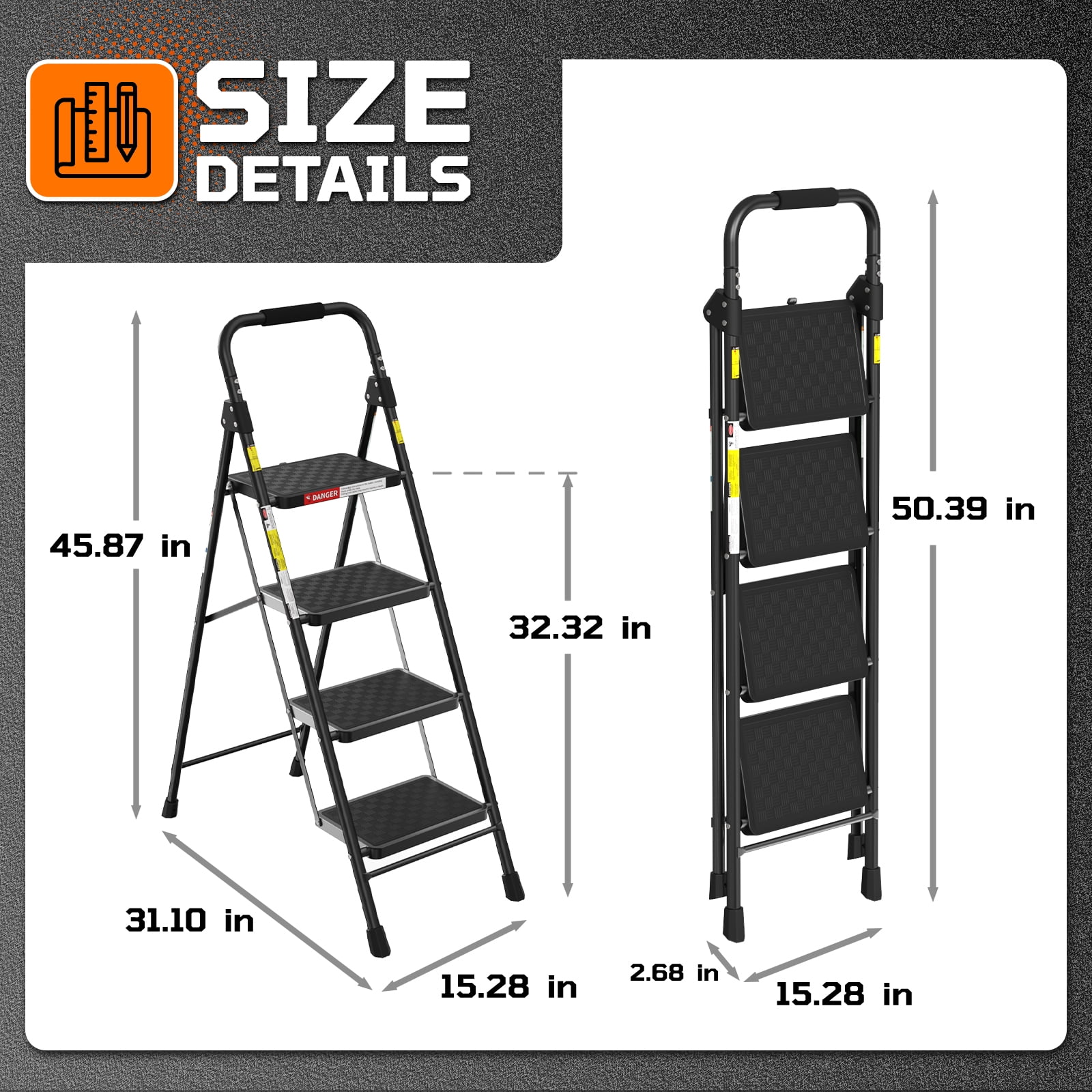 LevLad 4 Step Folding Ladder, Anti-Slip Step Stool with Safety Lock for Home Use, Black