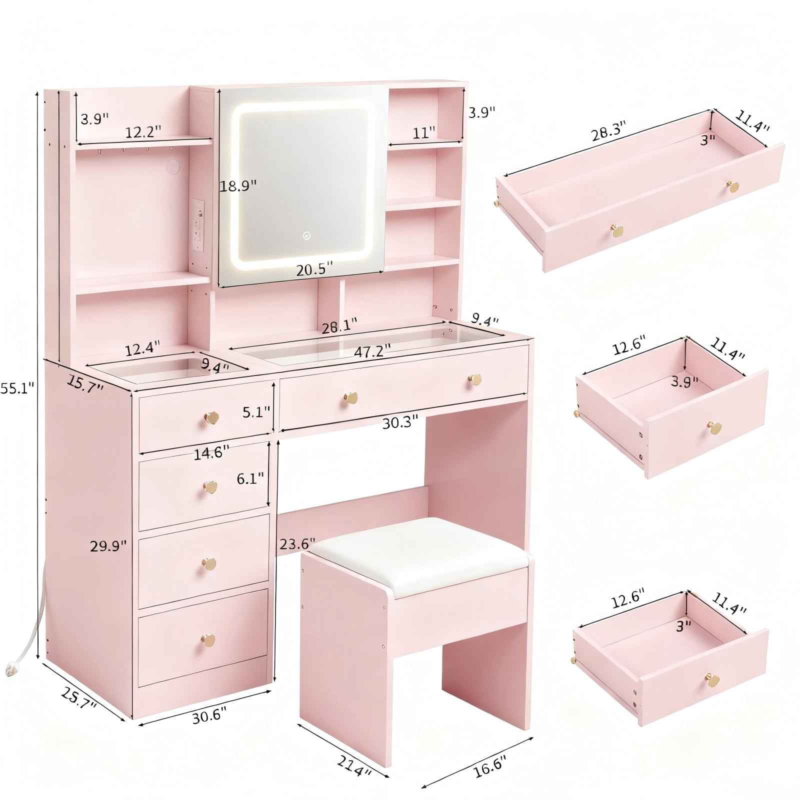 Zimtown 47" Vanity Desk with Charging Station, Makeup Table with 5 Drawers, Built-in Storage Shelves and 3 Color Lights, Dressing Table Set, Light Pink