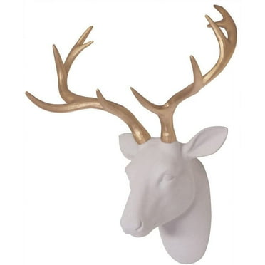 Faux Deer Head Wall Decor, White Fake Furry/Felt/Velvety Resin Deer Head With Gold Antlers for Home/Bar/Office, Size 16" x 12.5" x 7.5" By Smarten Arts