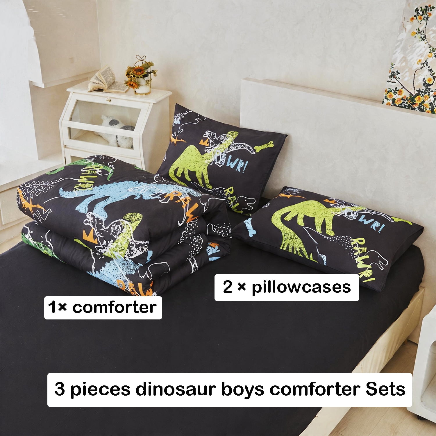 URBONUR 3Pcs Black Dinosaur Queen Comfotrer Set for Boys Kids Teens Colorful Dinosaur Bedding Sets Soft Lightweight Bed Sets with Pillowcases