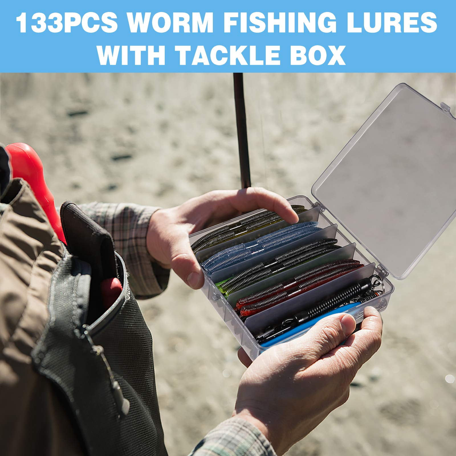 Wacky Worm Fishing Lure Kit  Soft Plastic Lures Grub Baits Hook Rig Bass Trout Worms W/tackle Box