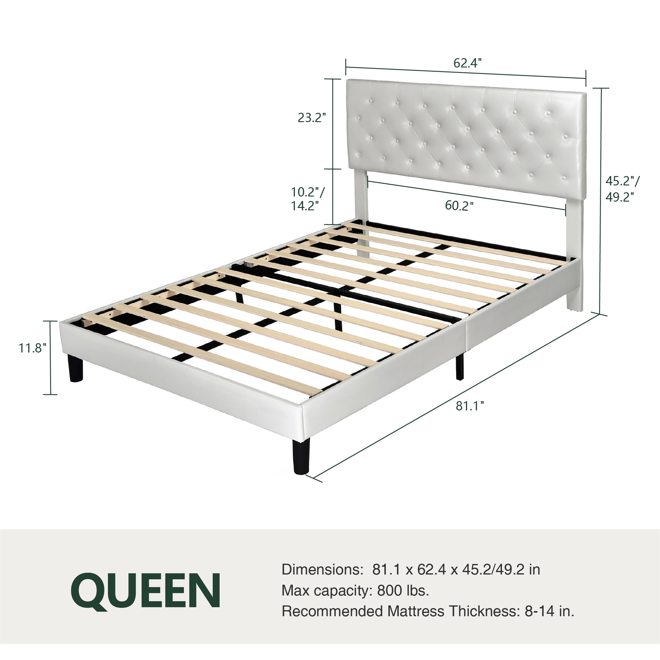Amolife Queen Faux Leather Upholstered Platform Bed Frame with Adjustable Headboard, Diamond Button Tufted Style, White