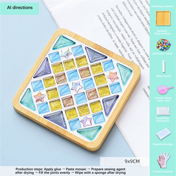 PATLOLLAV DIY Coaster with Glass Mosaic Tiles, Mixed Color Mosaic Kit with Bamboo Coaster, Crafts for Adults Mosaic, Crafts Materials Package, Mosaic ,Gift for Mother's Day (Square,Round)