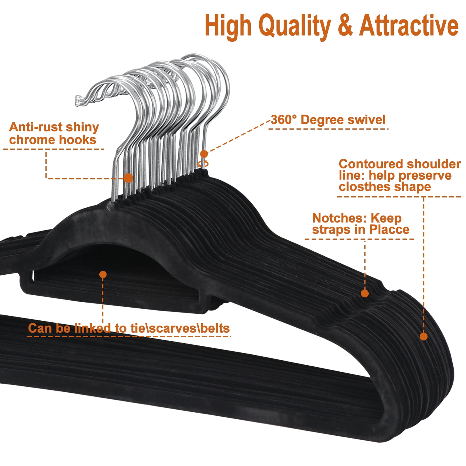 Zeny Velvet Flocked Hangers 100 Pack Non Slip Black Clothes Suit Hangers Hook Swivel 360 Ultra Thin(100pcs, Black, Velvet)