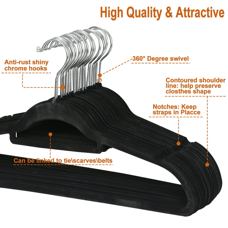 Non Slip Velvet Hangers - 100 Pack Clothes Hanger Hook Swivel 360 Degree-  Black