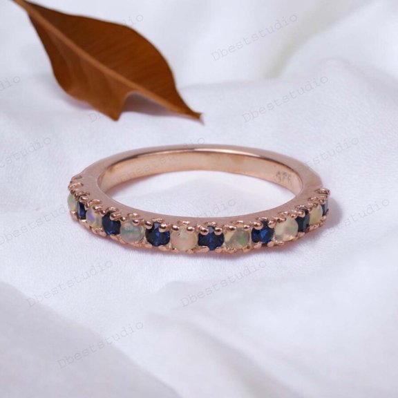 Opal Sapphire Half Eternity Band Women Matching Wedding Band Rose Gold Stackable Jewelry Birthday Gift For Love