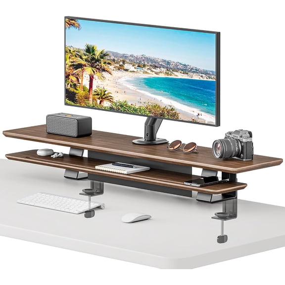 PEGZONE 41.7" Clamp-On Monitor Stand Riser, 2-Tier Wooden Desk Organizer with Magnetic Back Panel, for Dual Monitors, Computers and Laptops, Walnut