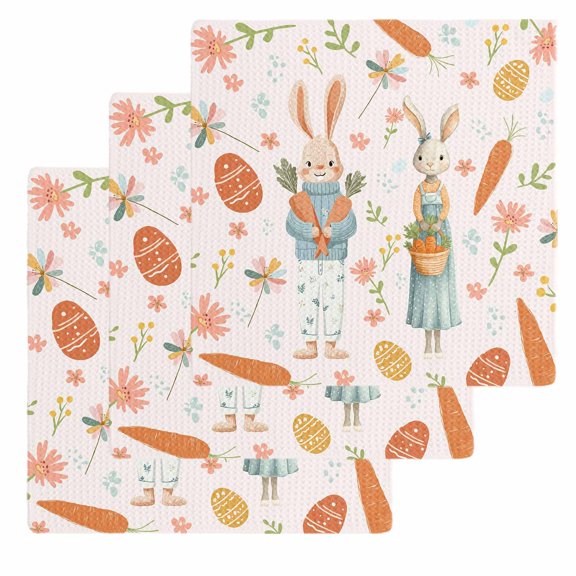 Pink Spring Easter Kitchen Dish Towels for Drying Dishes Set of 3, Bunny Carrots Eggs Floral Botanical Waffle Weave Microfiber Hand Tea Bathroom Towels Quick Dry & Absorbent Towel 12x12
