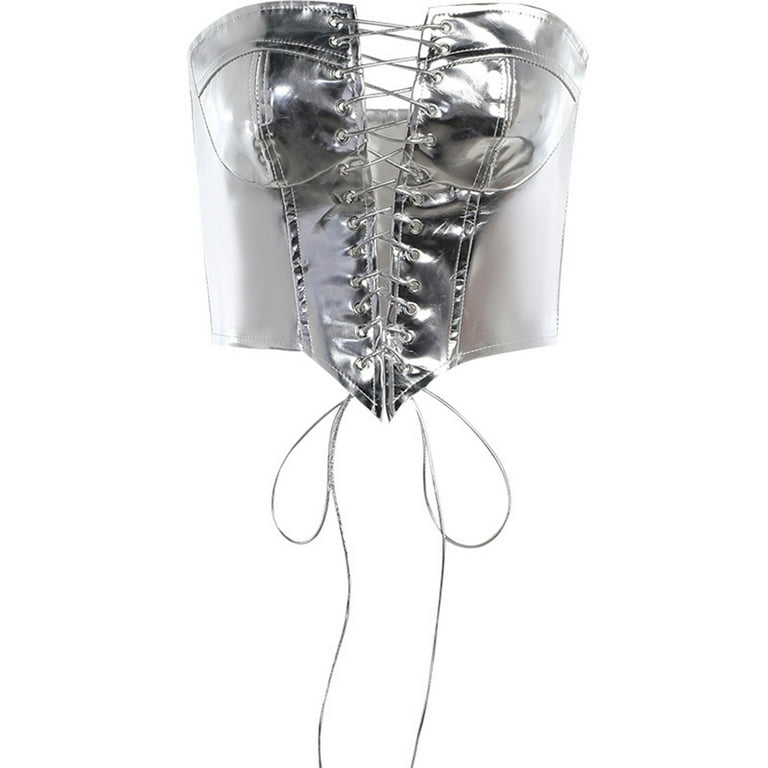 Alvivi Women's Shiny Liquid Leather Strapless Crop Top Corset