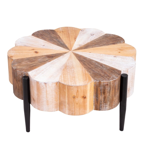 Youmumeub 31.7" Flower-Shaped Coffee Table, Rustic Manufactured Wood Center Table with Metal Legs, Vintage Distressed Finish for Living Room