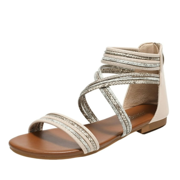 Sandals Women Dressy Summer Flat Strappy Cute Casual Beach shoes Gladiator Sandals Cute Strappy Sandals with Zipper Summer Shoes Beige Women Sandal
