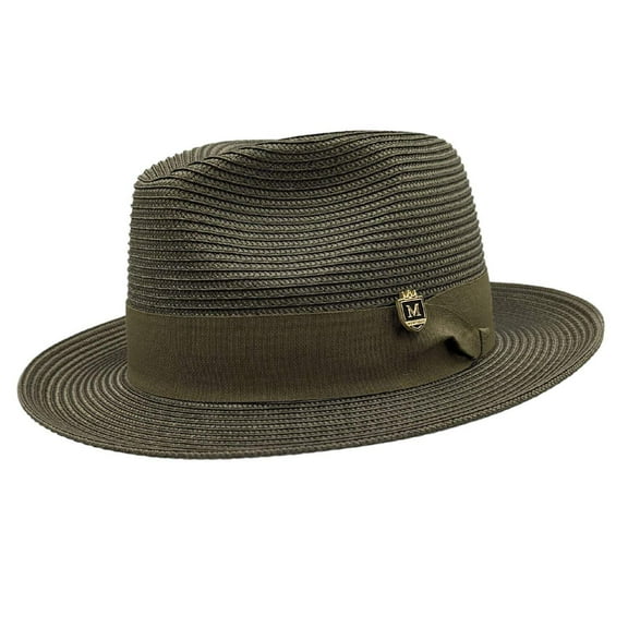 Men's Braided Wide Brim Pinch Fedora Matching Grosgrain Ribbon Hat in Olive H-42