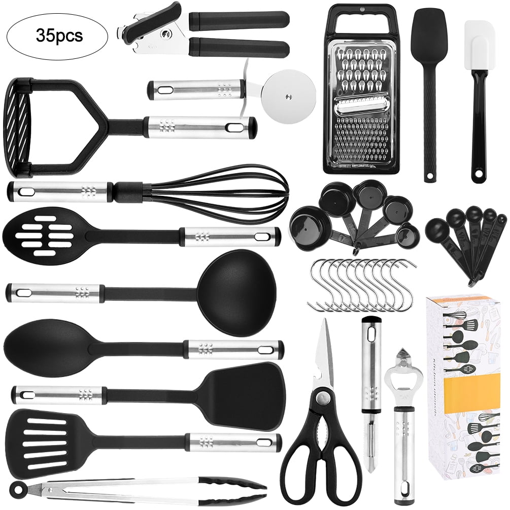 Grey with Brushed Black Stainless Steel Cooking Utensils Silicone Cooking Utensils for Modern Cooking and Serving 6-Piece Set: Black Kitchen Decor Grey Cooking Utensils 