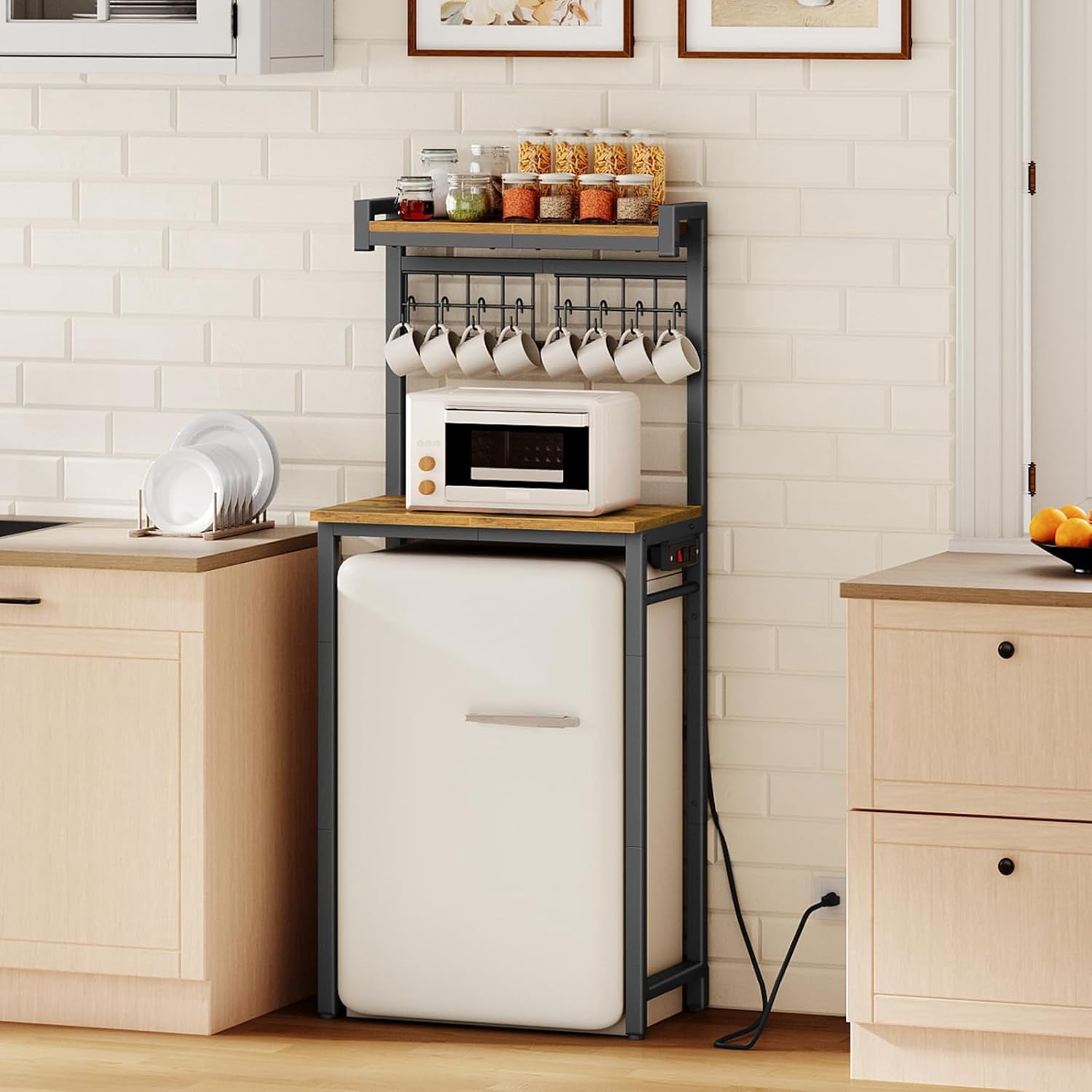 Bakers Rack with Mini Fridge Stand 57.5" H, Microwave Stand with Charging Station Coffee Bar with 8 Hooks X‑Shaped Brace Rustic Brown