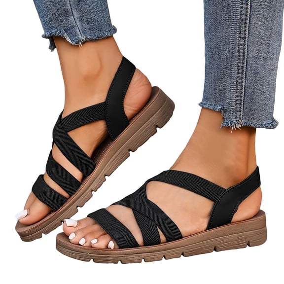 Rokment Women's Platform Wedge Strappy Fisherman Sandals Comfortable Elastic Orthopedic Low Arch Support Slip on Walking Summer Shoes for Vacation Travel Black Size 6