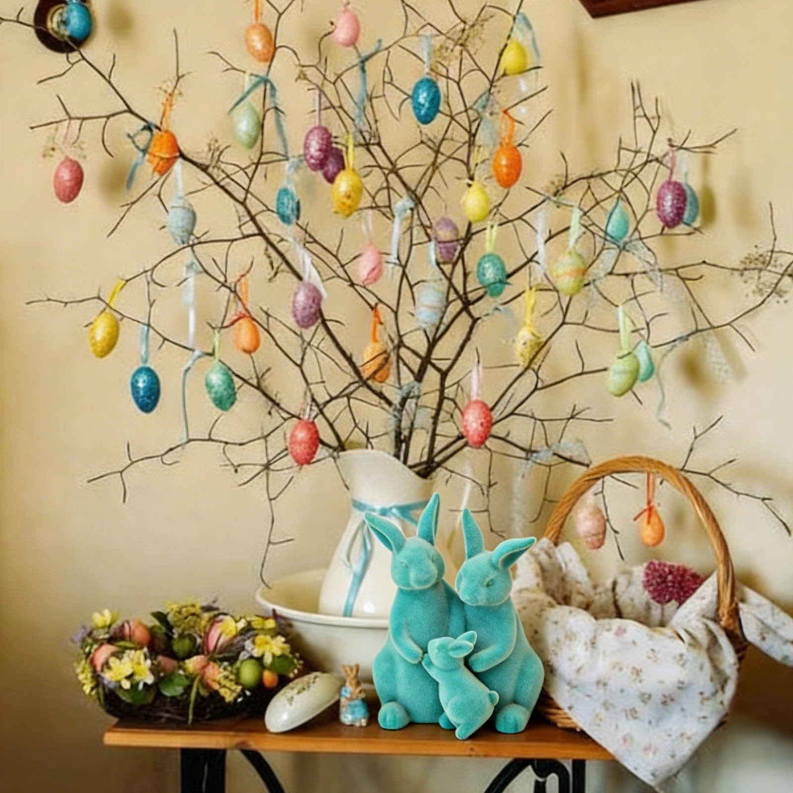 AZXY Minimalist Flocked Velveteen Easter Bunny Figurine, Blue and Yellow Spring Home Tabletop Decor, Festive Holiday Decoration