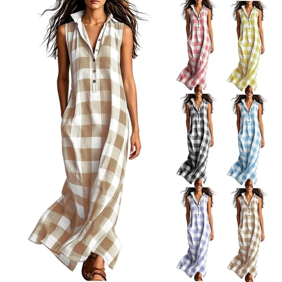Bxsruta Womens Maxi Dress Plaid Long Casual Sundress Button Down Sleeveless Shirt Dress