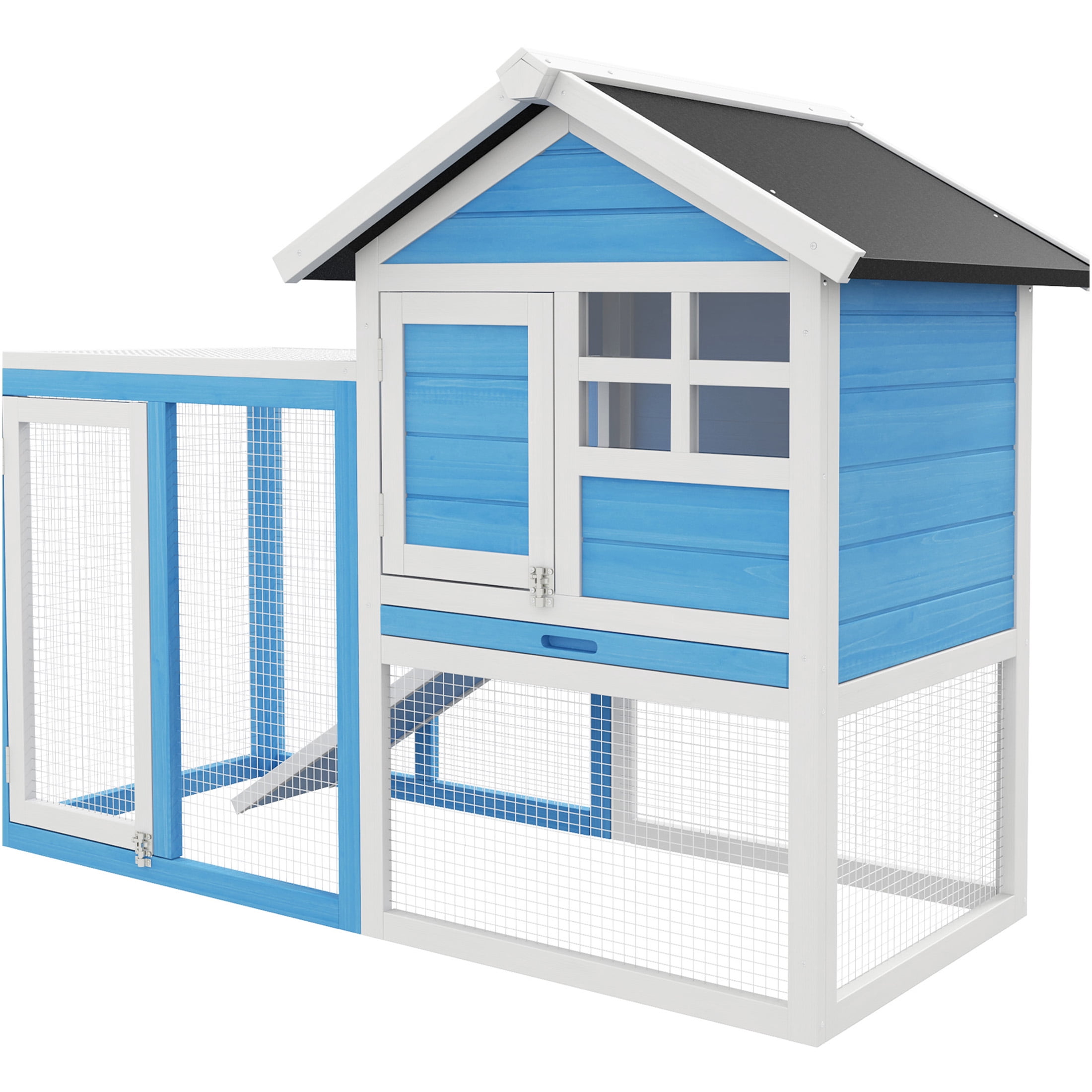 JERFIT 48 Inch Outdoor Rabbit Hutch with Waterproof Roof, Open Run Area, Removable Tray, Wooden Bunny Cage House for Rabbits and Small Animals, Blue