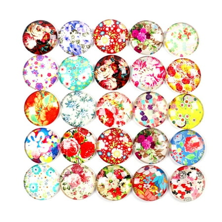 

50Pcs Round Flower Pattern Time Glass Decals DIY Jewelry Material Decorative Glass Stickers for Earring (3x0.79cm)