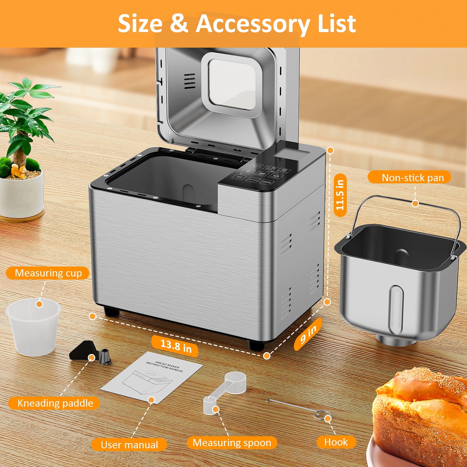 TINANA 25-in-1 Stainless Steel Bread Maker Machine, 2 LB Wheat Bread Making Machine with Recipes, Dough & Bread Machine with 15 H Timer & 1 H Keep Warm